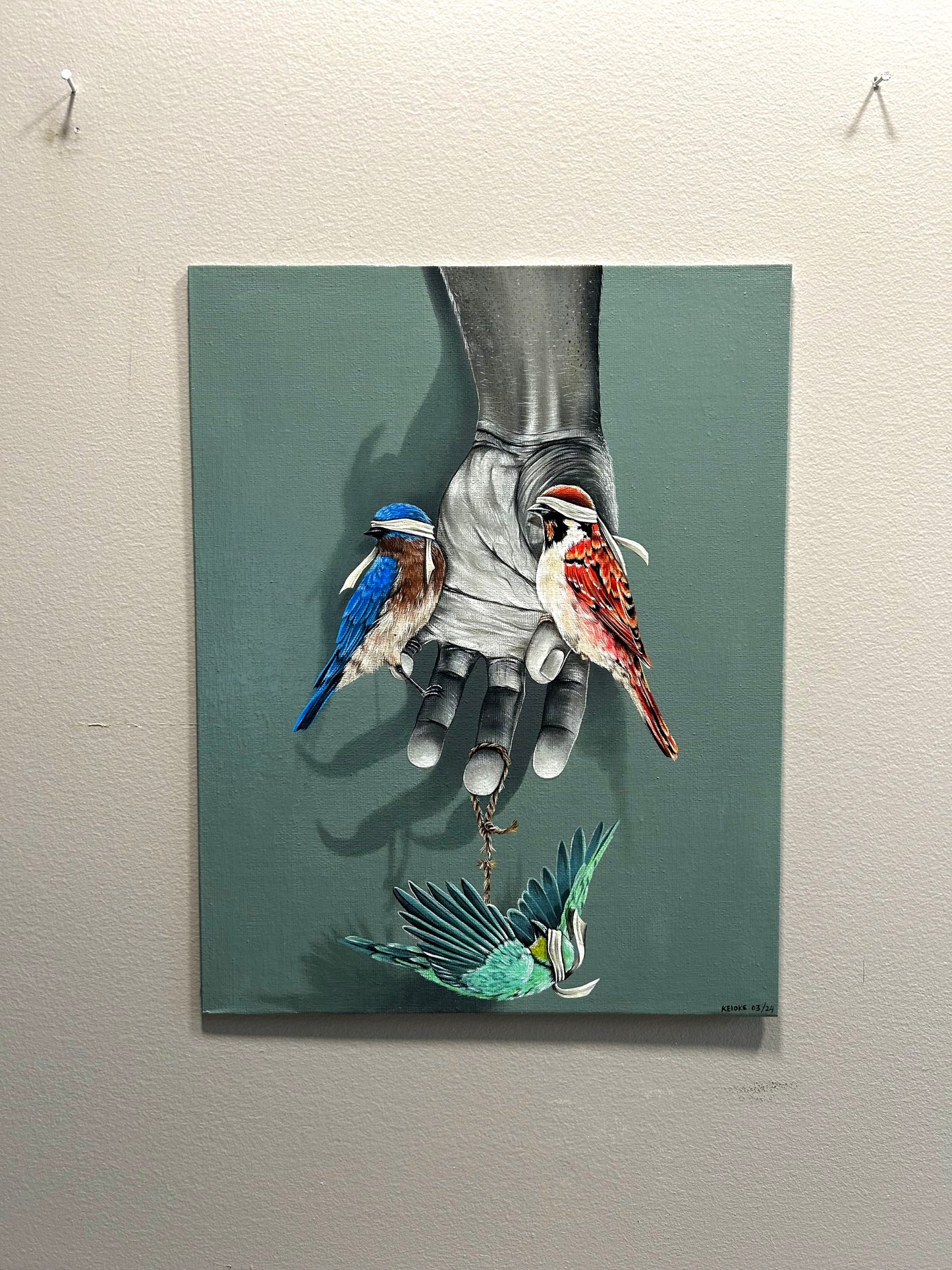 “The Protected Birds” Original painting on canvas board