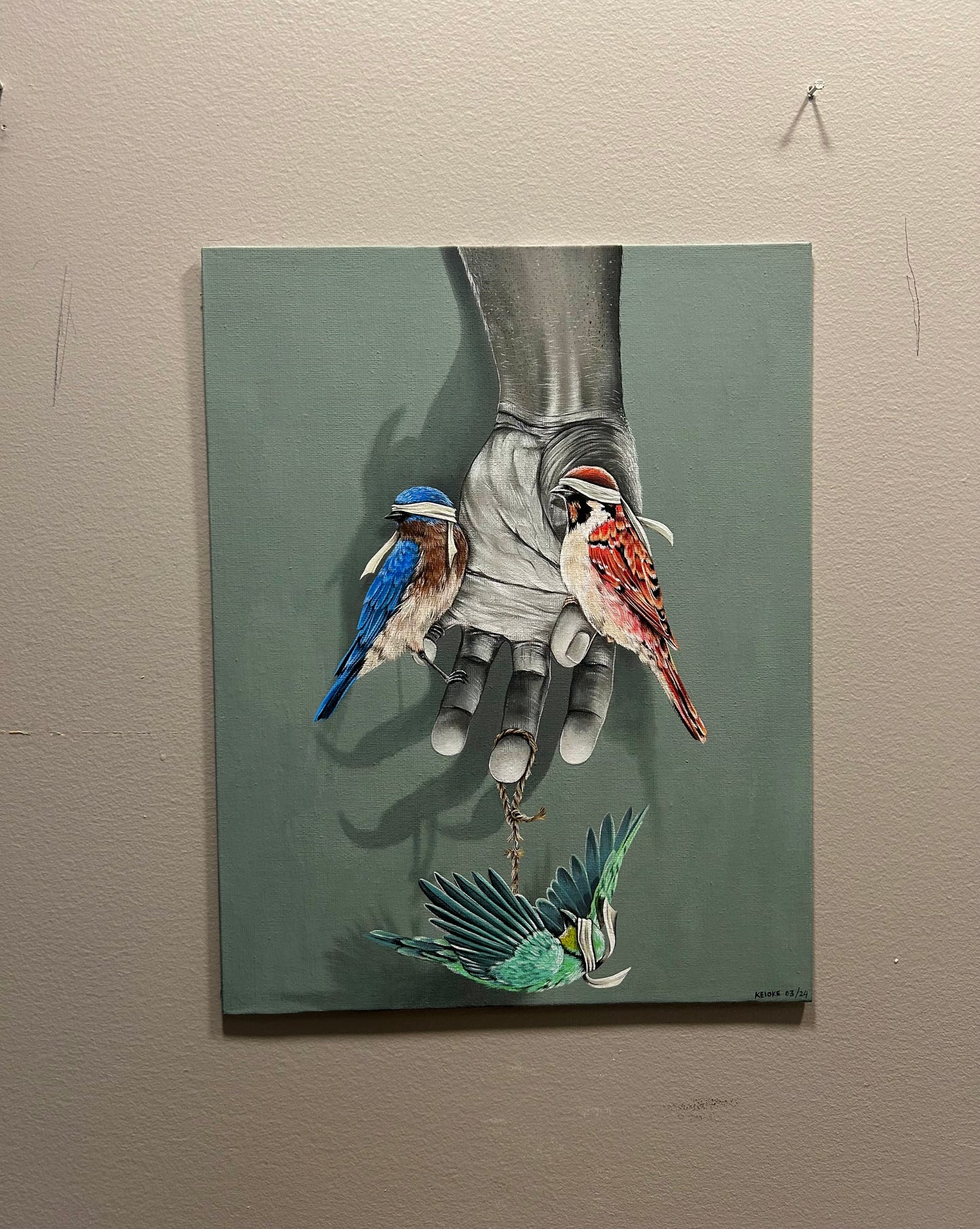 “The Protected Birds” Original painting on canvas board