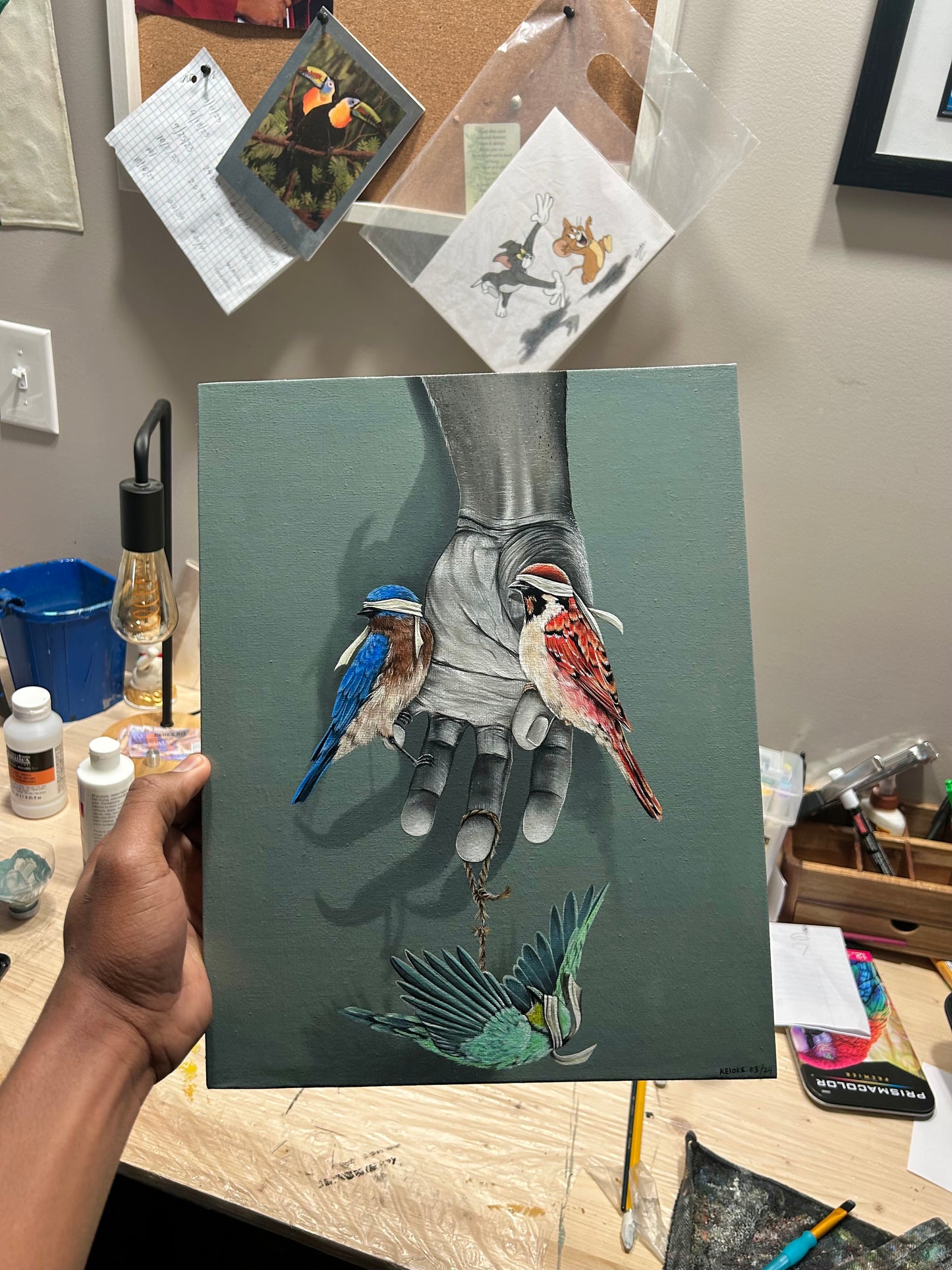 “The Protected Birds” Original painting on canvas board